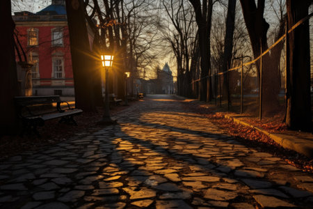 a lantern casting long shadows on a cobblestone park path, created with generative aiの素材