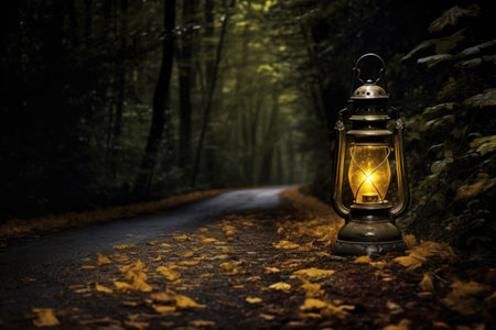 a vintage lantern placed on a road running through a forest, created with generative aiの素材