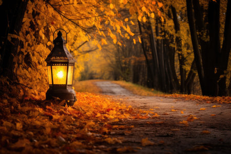 a bright lantern amid fallen autumn leaves on a winding country road, created with generative aiの素材