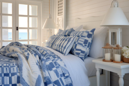 a white bed with blue seashell-patterned linens and a lighthouse lamp, created with generative aiの素材