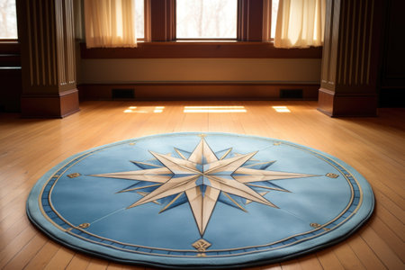 a blue rug with a compass design in the middle of a light-toned hardwood floor, created with generative aiの素材
