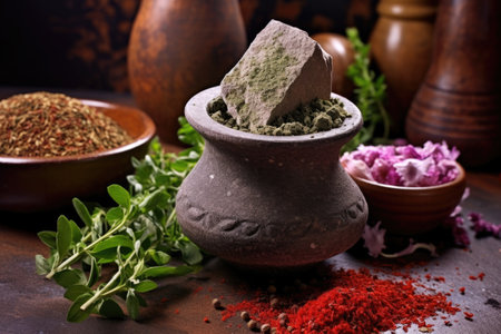 a stone mortar with crushed spices, fresh herbs in the background, created with generative aiの素材