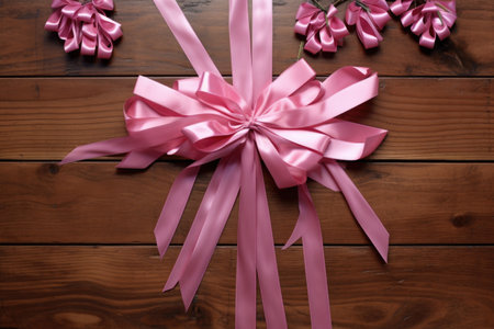 overhead shot of nails tied with a pink satin ribbon on a wooden table, created with generative aiの素材