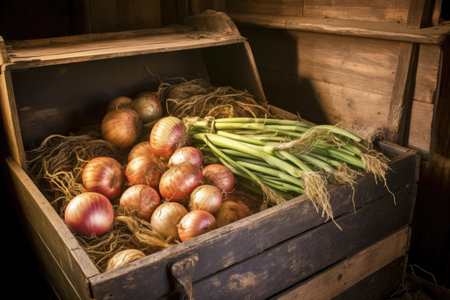 close-up of onions lying in a rustic wooden crate, created with generative aiの素材