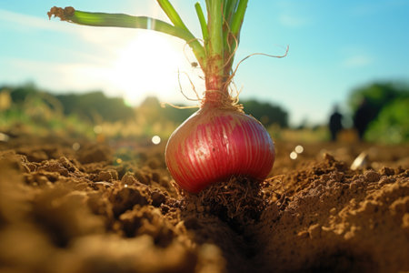 close-up of an onion being pulled from the ground, created with generative aiの素材