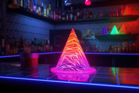 party hat on a bar counter with neon light reflections, created with generative aiの素材