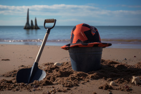 pirate hat on a beach with a bucket and spade for sand play, created with generative aiの素材