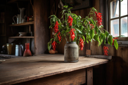 a vibrant chili pepper plant on a rustic wooden kitchen table, created with generative aiの素材