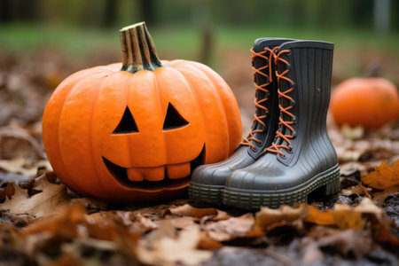 close-up shot of rubber boots with a pumpkin on top in an autumn setting, created with generative aiの素材