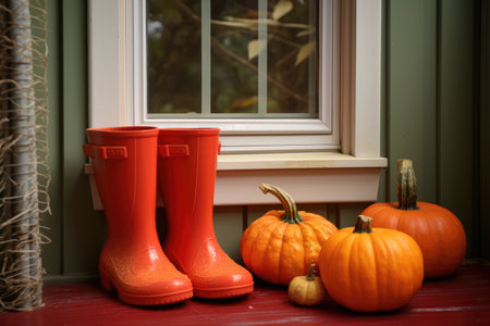 a pair of red rubber boots with a pumpkin inside each on a porch, created with generative aiの素材