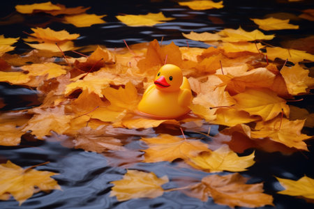 yellow rubber duck floating in a pool covered with fallen autumn leaves, created with generative aiの素材