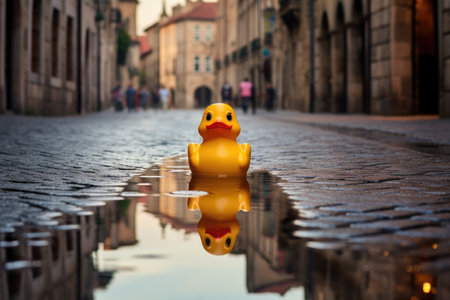 a rubber duck reflected in a puddle on a cobblestone street, created with generative aiの素材
