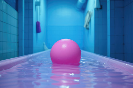 a pink rubber toy floating in a bathtub filled with blue bath bomb water, created with generative aiの素材