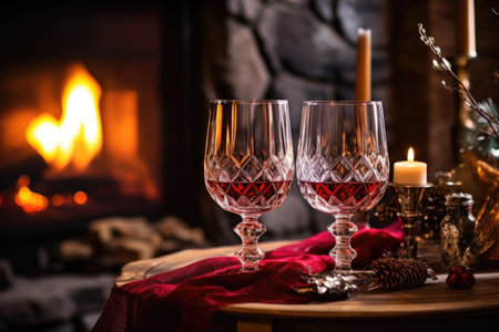 crystal glasses with red wine positioned near a fireplace, created with generative aiの素材