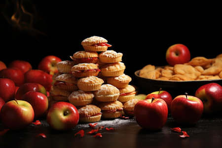 miniature apple pie situated next to a pile of apples, created with generative aiの素材
