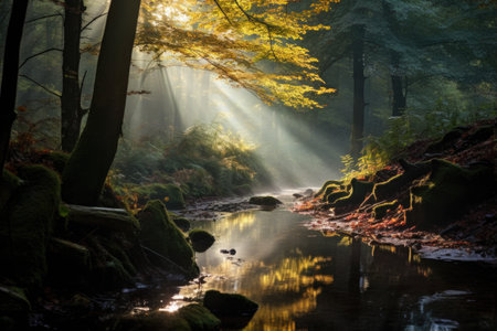 morning light filtering through autumn forest, created with generative aiの素材