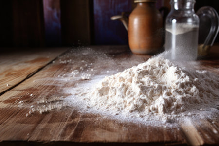 close-up of flour dusted on a wooden surface, created with generative aiの素材