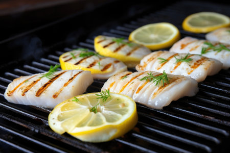 white fish fillets on a grill with lemon slices, created with generative aiの素材