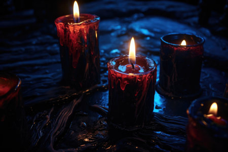 close-up of several lit candles, gleaming in darkness, created with generative aiの素材