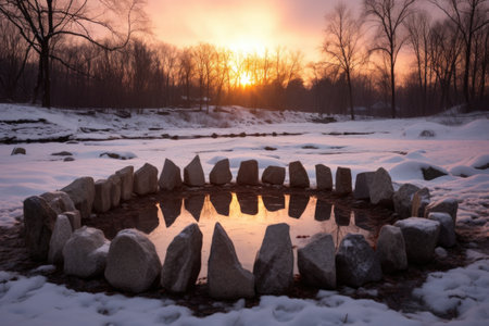 snow-covered stones forming a winter solstice circle, created with generative aiの素材
