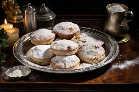 a tray of homemade mince pies dusted with powdered sugar, created with generative aiの素材