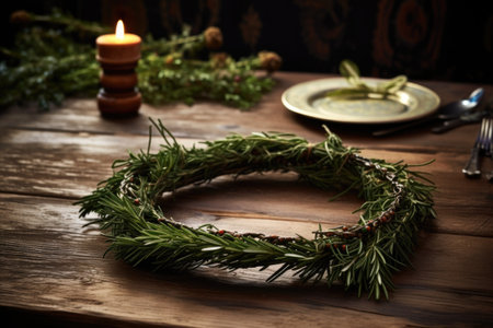 festive wreath made from rosemary on a dining table, created with generative aiの素材