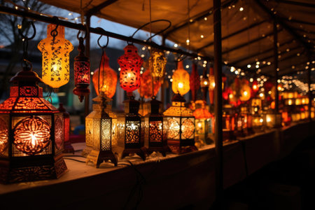 decorative lanterns lighting up a festive market stall, created with generative aiの素材