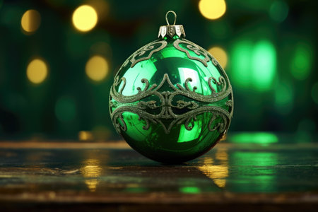 glossy green ornament reflecting festive lights, created with generative aiの素材