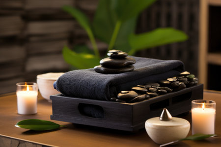 hot stone setup for massage in a spa, created with generative aiの素材