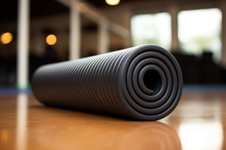 a black foam roller on a yoga mat, created with generative aiの素材