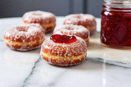 jelly donuts glazed with glossy sugar on a marble countertop, created with generative aiの素材