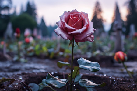 a single tulip flower in a bed of rose bushes, created with generative aiの素材