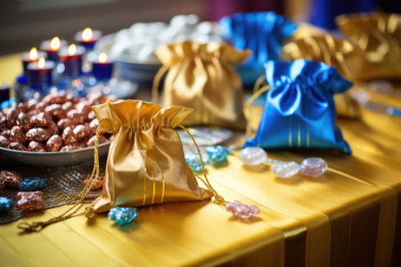 handmade hanukkah gelt bags on a cloth tablecloth, created with generative aiの素材