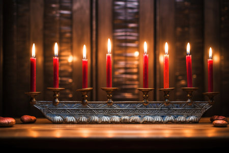 focus on a menorah with unlit candles, created with generative aiの素材