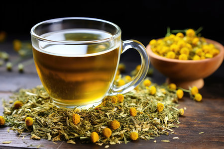 cup of chamomile tea next to a bundle of dried chamomile, created with generative aiの素材