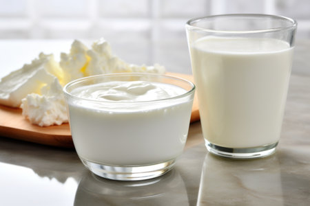 lactose-free cheese and yogurt on a kitchen counter, created with generative aiの素材