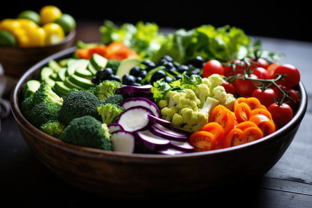 close up of a full salad bowl with different vegetables, created with generative aiの素材