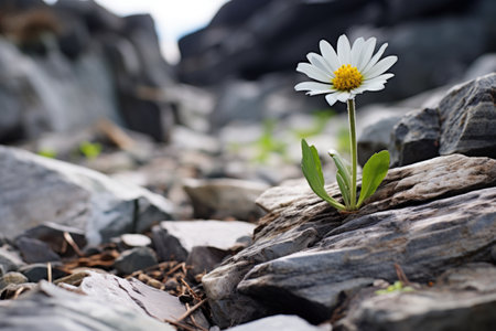a single daisy growing amidst a pile of rocks, created with generative aiの素材