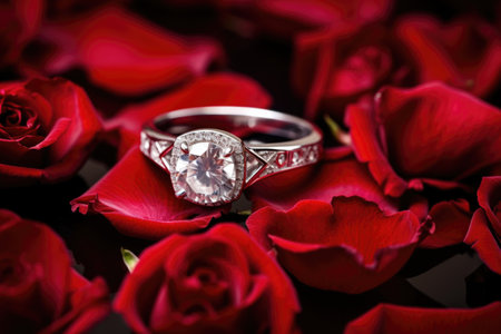 silver engagement ring resting on red rose petals, created with generative aiの素材