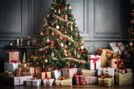 lush christmas tree surrounded by wrapped gifts, created with generative aiの素材