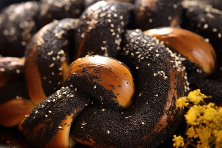 close up of braided challah with poppy seeds, created with generative aiの素材