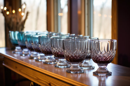 the wine glasses lined up by the punch bowl, created with generative aiの素材