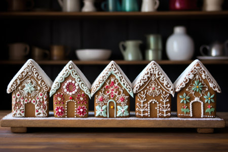 gingerbread houses lined up on a wooden shelf, created with generative aiの素材