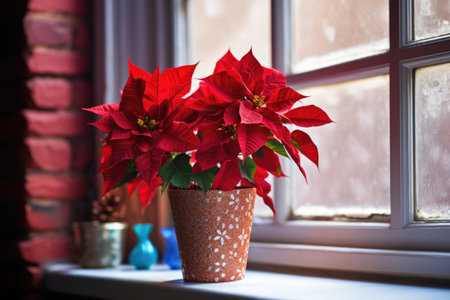 poinsettia in a red pot placed on a windowsill, created with generative aiの素材