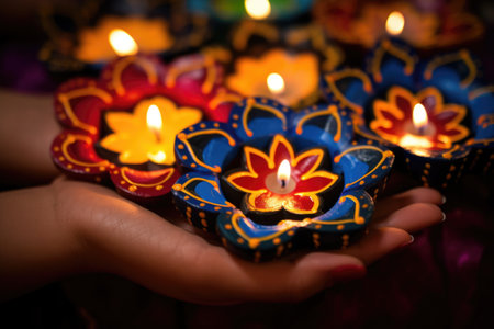 close-up on hand painted diwali diyas, created with generative aiの素材