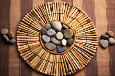 stones arranged in a circle on a bamboo mat, created with generative aiの素材