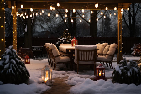 snow-covered outdoor patio furniture under clear strand lights, created with generative aiの素材