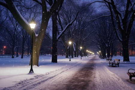 moonlit parade route through a snowy park, created with generative aiの素材