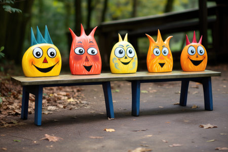 pumpkin crafts painted with fun faces on a wooden bench, created with generative aiの素材