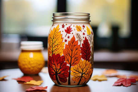 painted mason jar decorated with fall-themed stickers, created with generative aiの素材